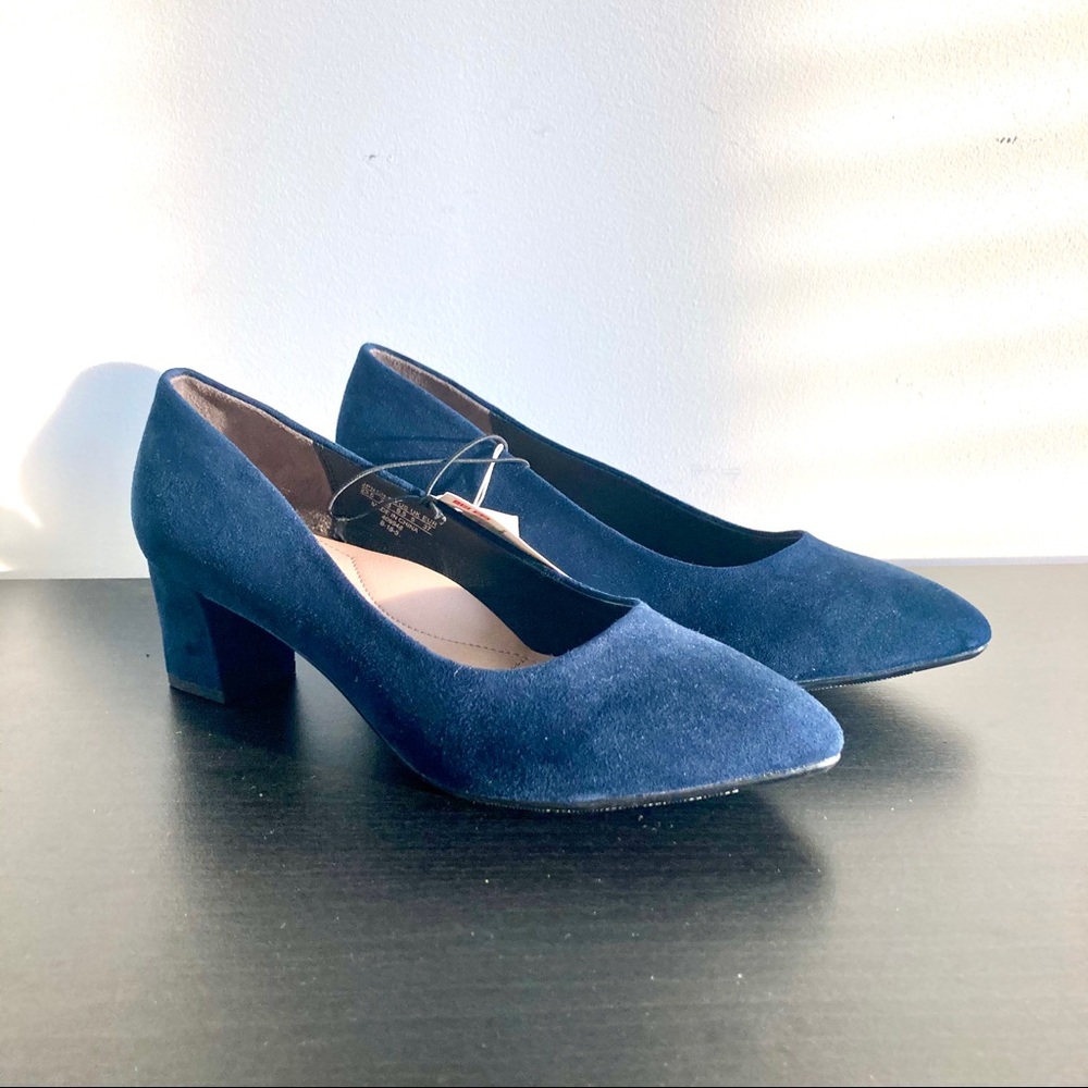 Faux Suede Navy Blue Low Block Heels
